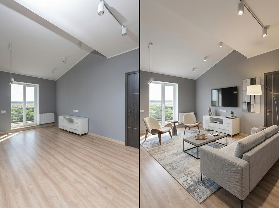 Before and After virtual staging Before and After virtual staging of a modern living room, showing the difference AI can make