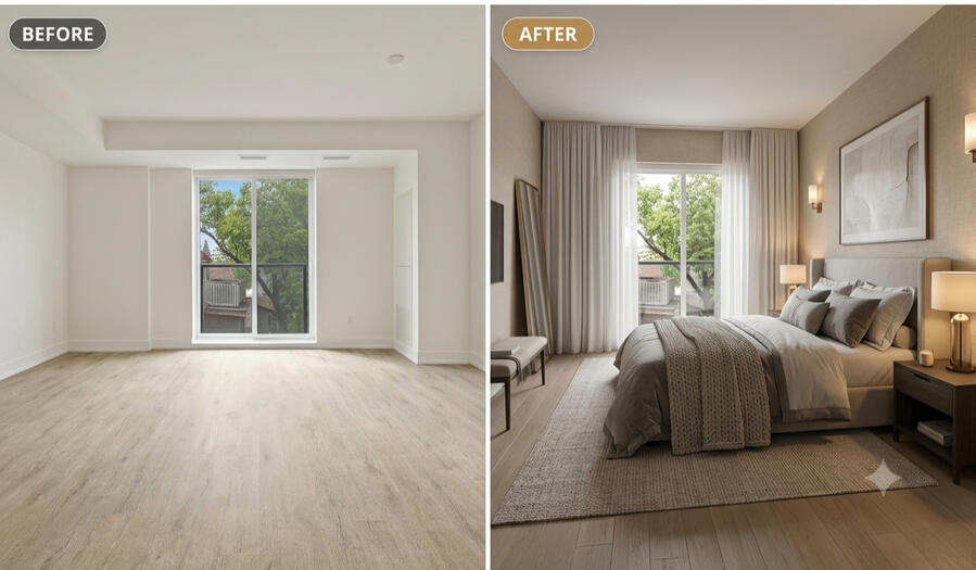 Before and After virtual staging Before and After virtual staging of a modern living room, showing the difference AI can make