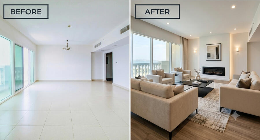 Before and After virtual staging Before and After virtual staging of a modern living room, showing the difference AI can make