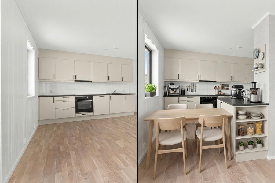 Before and After virtual staging Before and After virtual staging of a modern living room, showing the difference AI can make