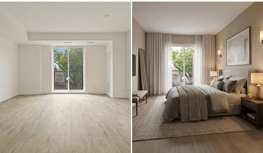 Before and After virtual staging Before and After virtual staging of a modern living room, showing the difference AI can make